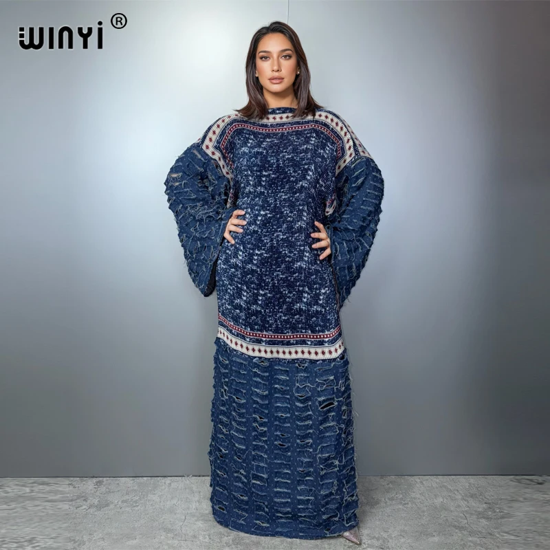 WINYI Pleated Elastic Denim hole dress holiday beach cover up maxi kaftan abaya dubai luxury party dresses evening dress