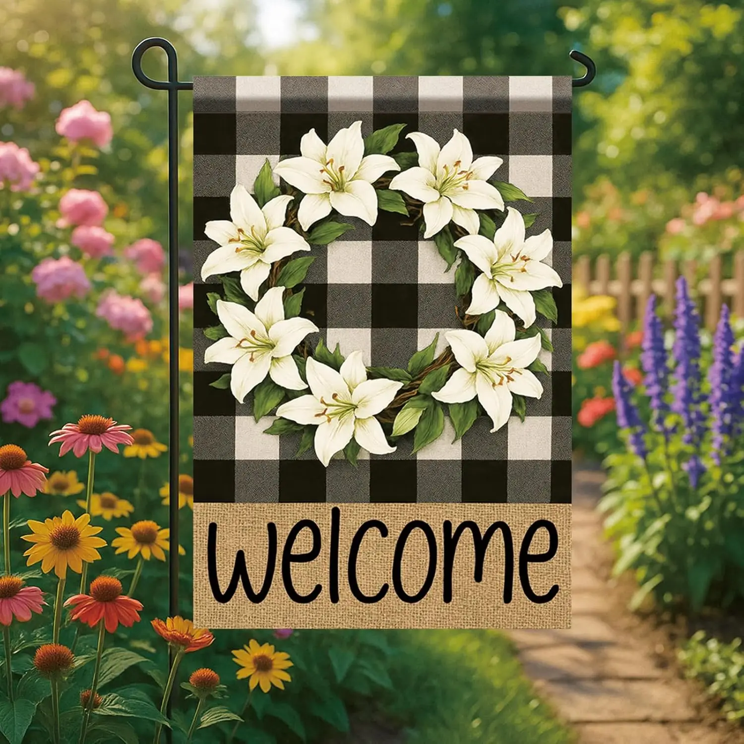 Buffalo Plaid Welcome Wreath Garden Flag White Lily Floral Flag 12x 18 Inch Double Sided Spring Outdoor Fall Autumn Farmhous SSL