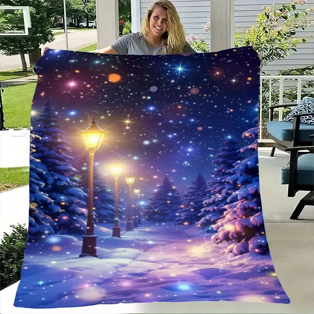 Coperta magica per palcoscenico notturno invernale - Coperta in morbido pile accogliente con paesaggio innevato incantato, toni blu intenso e viola, G