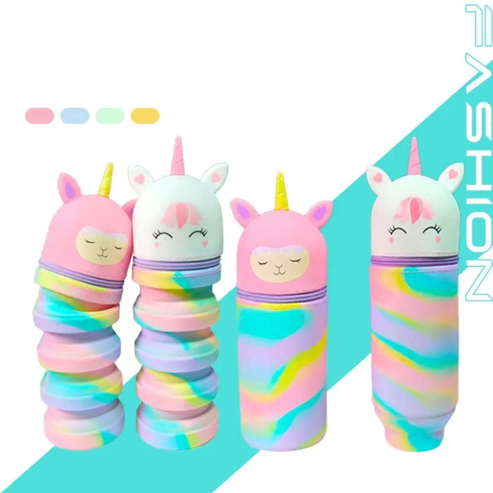 

Красочный прямой/складной чехол для ручки с единорогом, большой емкости, милый контейнер для ручек, силиконовый водонепроницаемый держатель для ручек для студентов