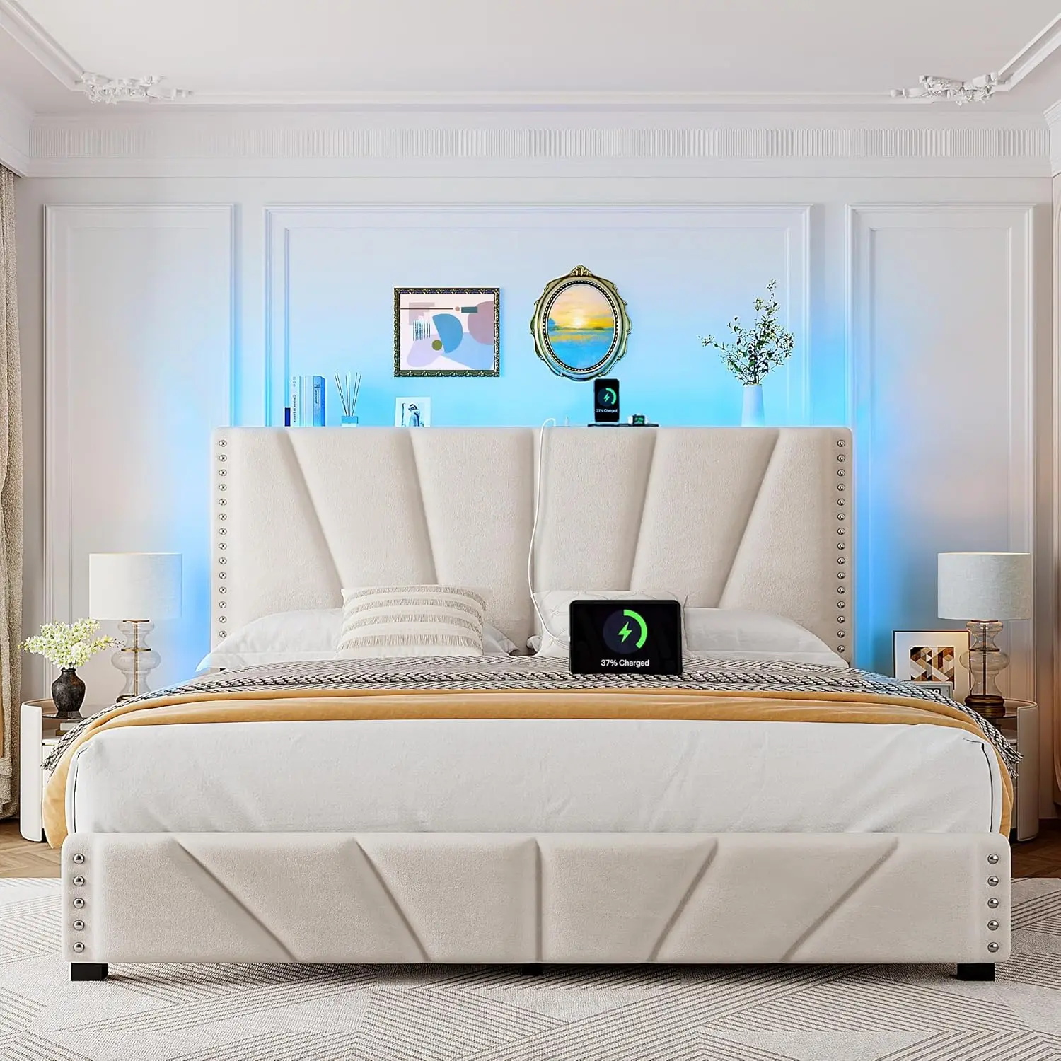 

Каркас кровати EnHomee King Size с бархатным изголовьем и светодиодной подсветкой, кровать-платформа с изголовьем для хранения вещей и зарядной станцией, прочный W