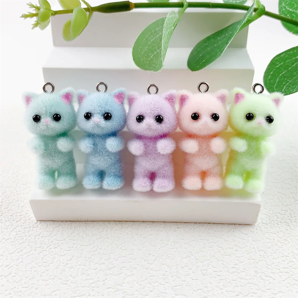 30Pcs 3D Cute Flocking Resin Colorful Cat Charms Cartoon Plush Animal Pendant For Bag Keychain Earrings DIY Crafts Jewelry Make