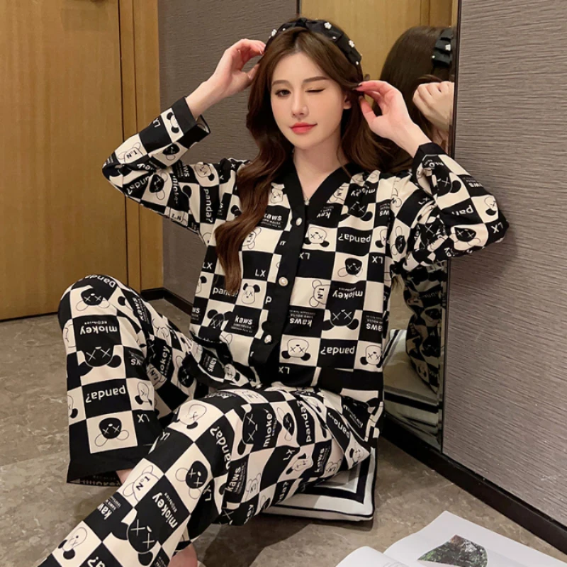 Women\'s Pajamas Set Cotton Button New Korean Cute Print Pijamas Set for Women Femme Nightwear Loungewear Autumn Sleepwear