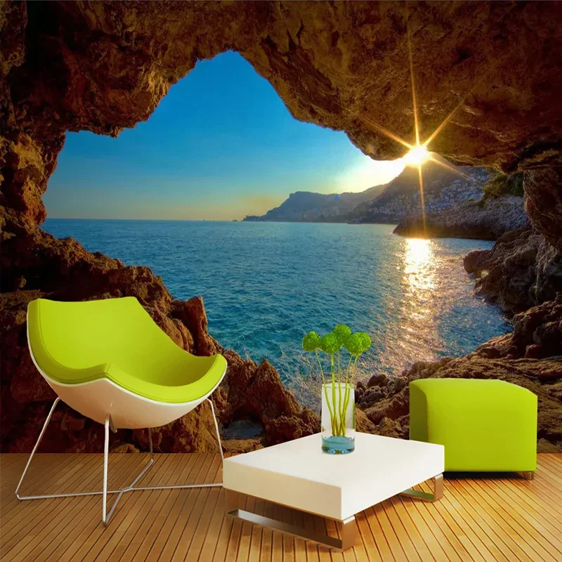3D 벽화 동굴 일출 바다 현대 미술 풍경 사진 벽화 거실 침실 레스토랑 사진 벽지