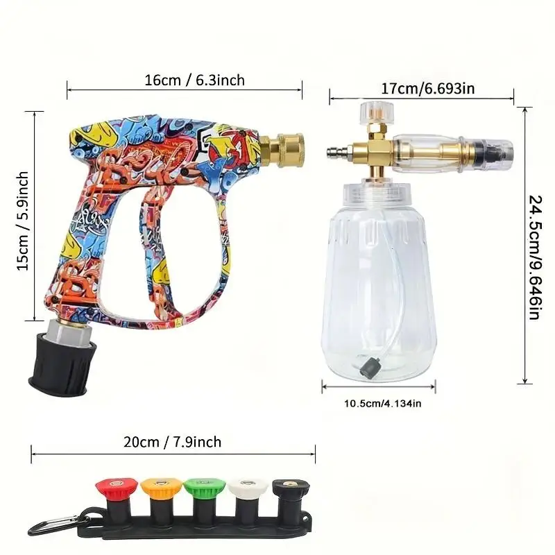 Graffiti Design Short Wash Gun, M22 ID14mm, 1L Adjustable Foam Cannon, 5 Nozzle Tips + Adapter for Karcher K2-K7 Car Clean