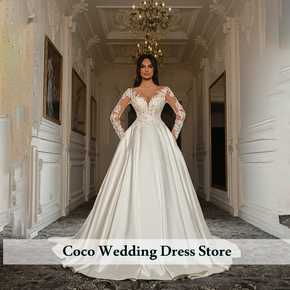 Customized Gorgeous Wedding Dress Long Sleeve O Neck Beading Applique Stone Corset Bridal Gown Sweep Train Satin Bride Dresses