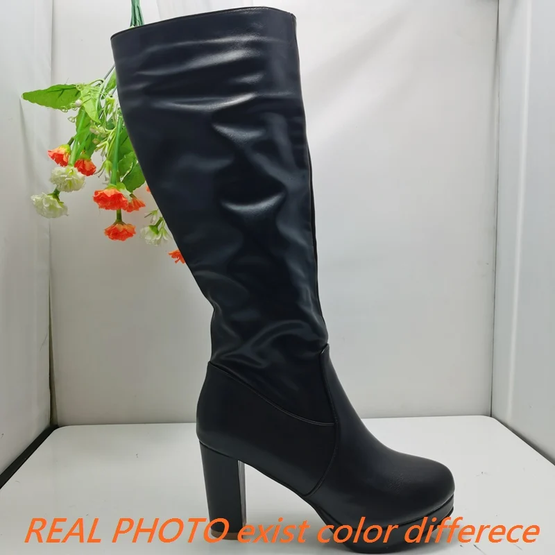 REAVE CAT Sexy Women Knee High Boots Round Toe Chunky Heels 9cm Platform 2cm 45 46 47 Female Daiting Booties