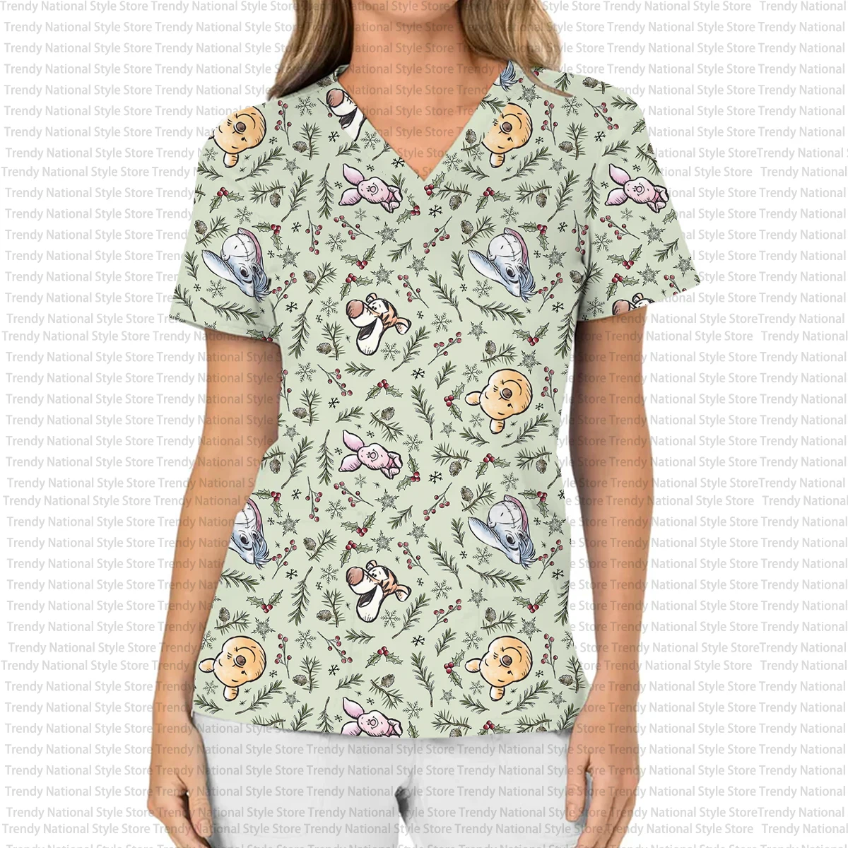 夏のファッションエレガントなディズニーくまのプーさん漫画プリント女性の作業服つや消しトップ V ネックポケット半袖 Tシャツ