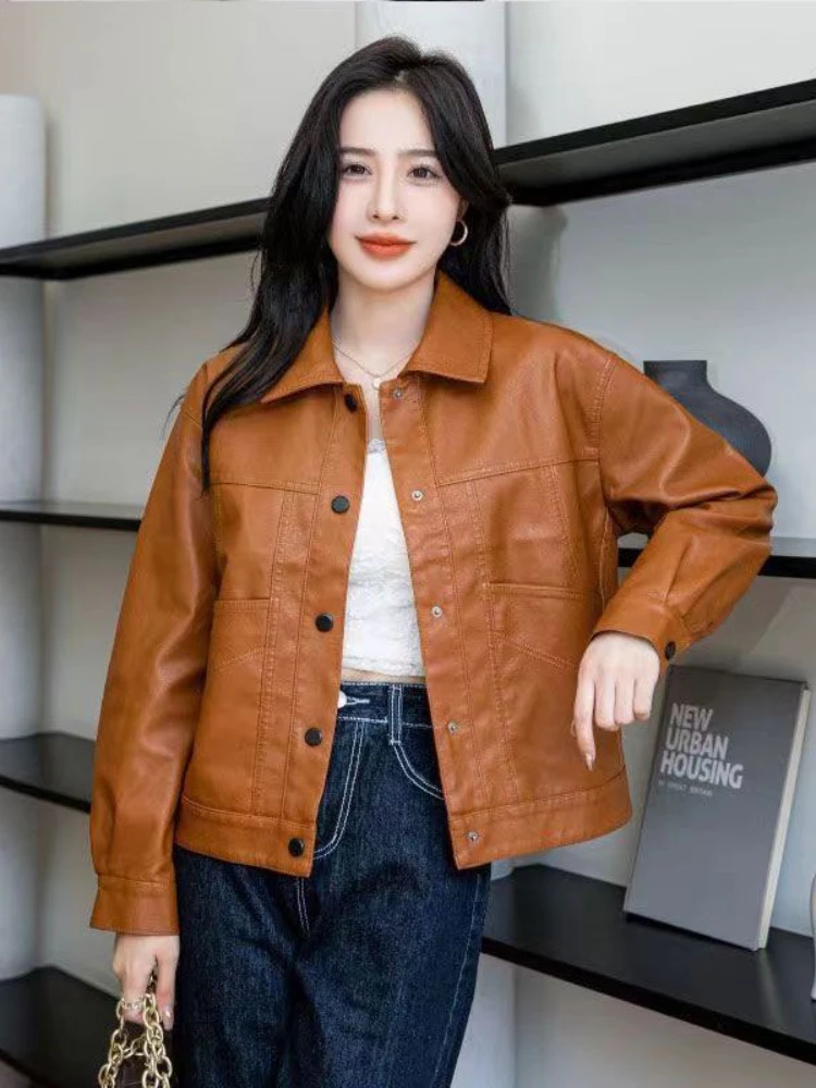 High-End Imitation Genuine Leather Coat Women\'s Short Locomotive Jacket Autumn Korean Lapels Long Sleeve Soft Leather Outerwear