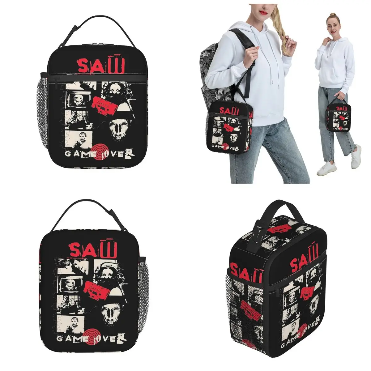 Jigsaw Game Over Horror Movie Isolado Lunch Bags para Homens e Mulheres, Recipiente de Alimento Portátil, Refrigerador Térmico, Lancheiras para Trabalho