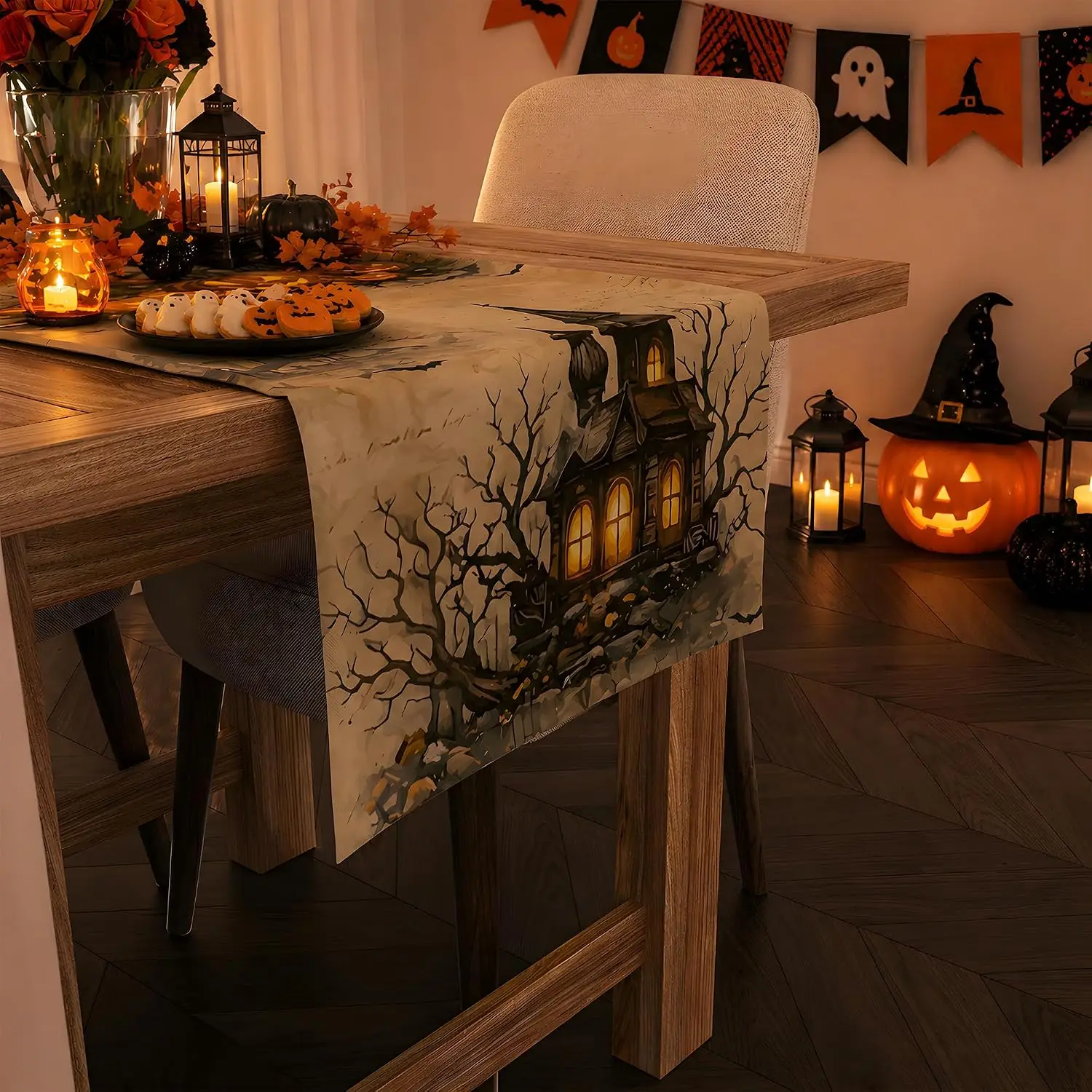 Halloween Pumpkin Castle Table Runner, Party Favors Home Decor, Tablecloth Backdrop Indoor Outdoor Dining Decorations Supplies