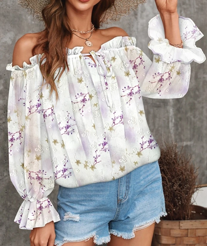 Women's Blouse Elegant Floral Print Sweet Off Shoulder Frill Trim Lantern Long Sleeve Tied Detail Blouse Loose Fit Casual Top