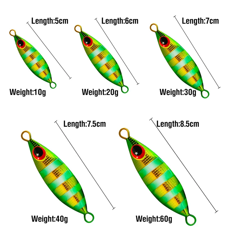 5Pcs/Boxed 10-60G Metal Slow Jig Artificial Sinking Casting Lure Fishing Trolling Lure 3D Eyes Fishing Bait with Assist Hooks