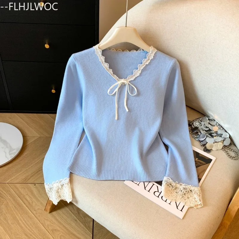 ربطة القوس فيونكة القمم لاعبا البلوفرات السنة الجديدة أزياء المرأة لطيف الحلو اليابان نمط الفتيات المرقعة الدانتيل الأبيض محبوك البلوزات #2