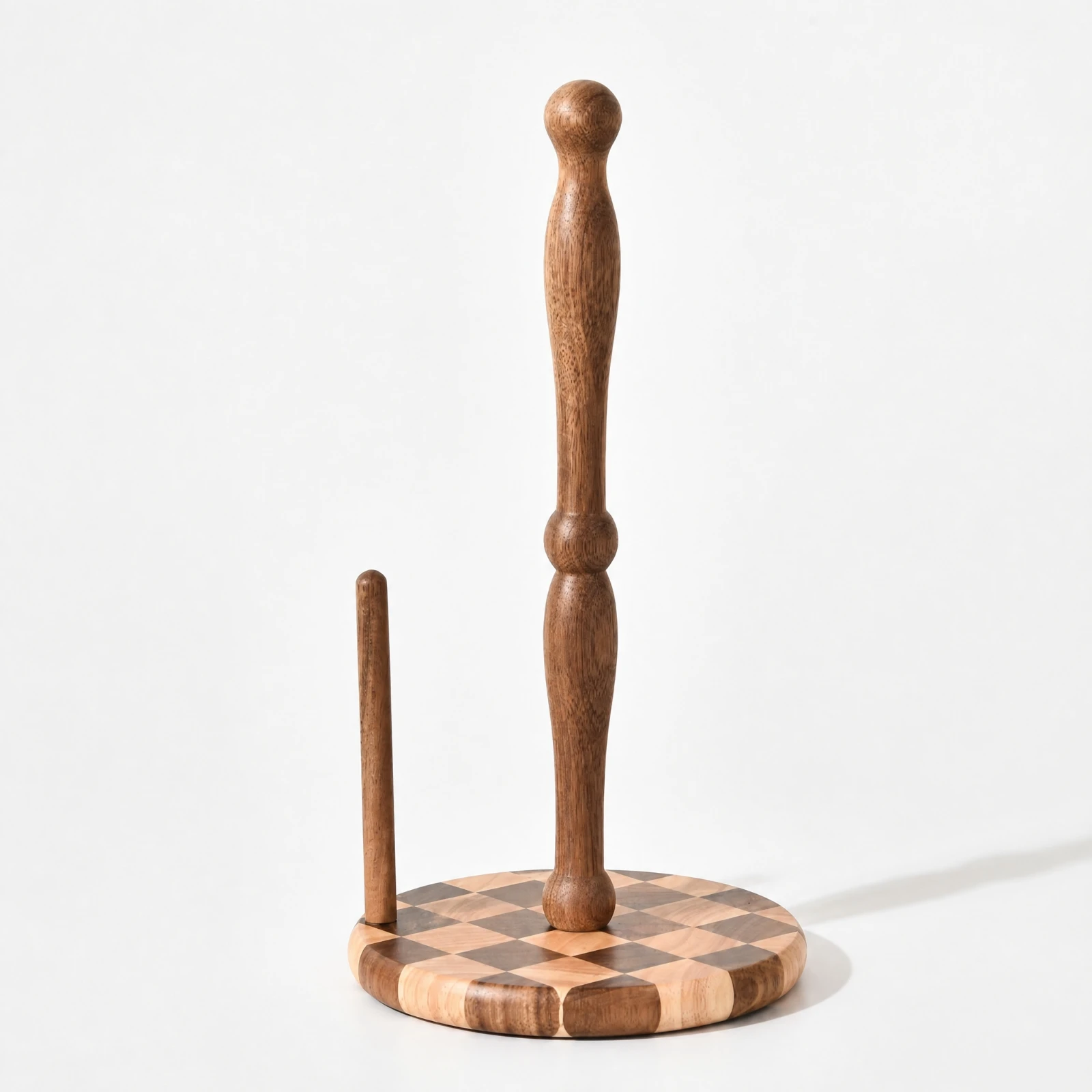 Paper Towel Holder Compact Wooden Kitchen Roll Holder with Retaining Post Checkerboard Base Paper Towel Stand Stable Modern