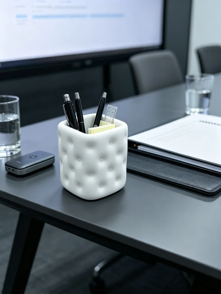 Cute Aesthetic Style Sofa Tufted Quilted Design Pen Holder, Square Matte White Cushioned Textured Desktop Storage Pen Cup, Smooth and Sturdy Plastic Material, Stable Base for Easy Wiping and Cleaning, Small Desktop Organizer, Suitable for Office Desks, Student Desks, Makeup Tables, Dual-Purpose for Stationery and Makeup Brushes, Atmospheric Desktop Decoration Piece