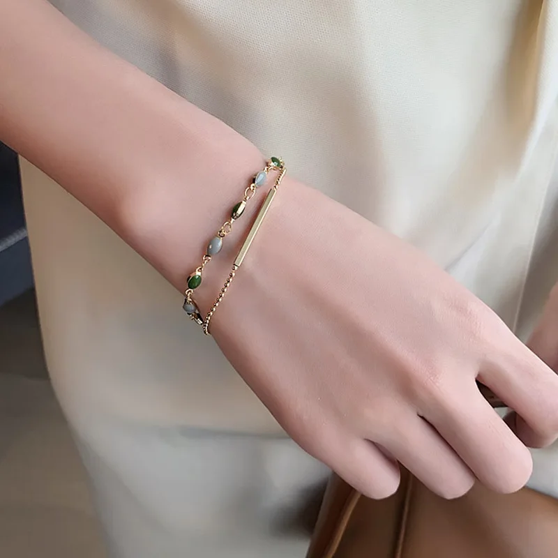 Gold Plating Double-layer Chains Bracelets Oval Geometric Green Dripping Oil Bracelet Retro Hand Jewelry Gifts for Women K