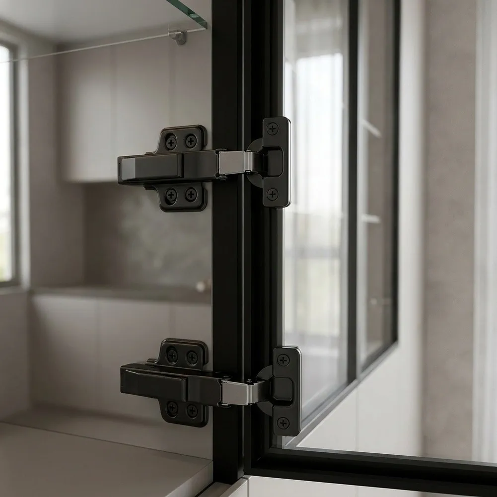 Aluminum Frame Hinge No Drill Glass Hinge Built In Damping Mechanism Smooth Silent Closing Robust Matte Black Finish