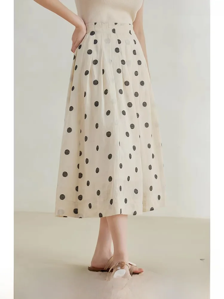 

High Waist A-Line Midi Skirt Women's Linen Polka Dot f Body Skirt Slimming Vintage 2023 New Sle Commute Simple Design