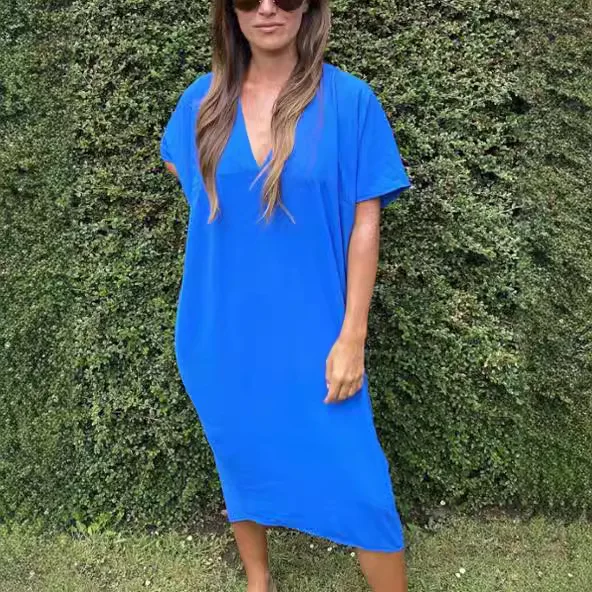 Women Midi Dress Loose Short Sleeve V Neck Dresses A Line Spliced Casual Elegant Simple Solid Split Vestidos Lady Summer