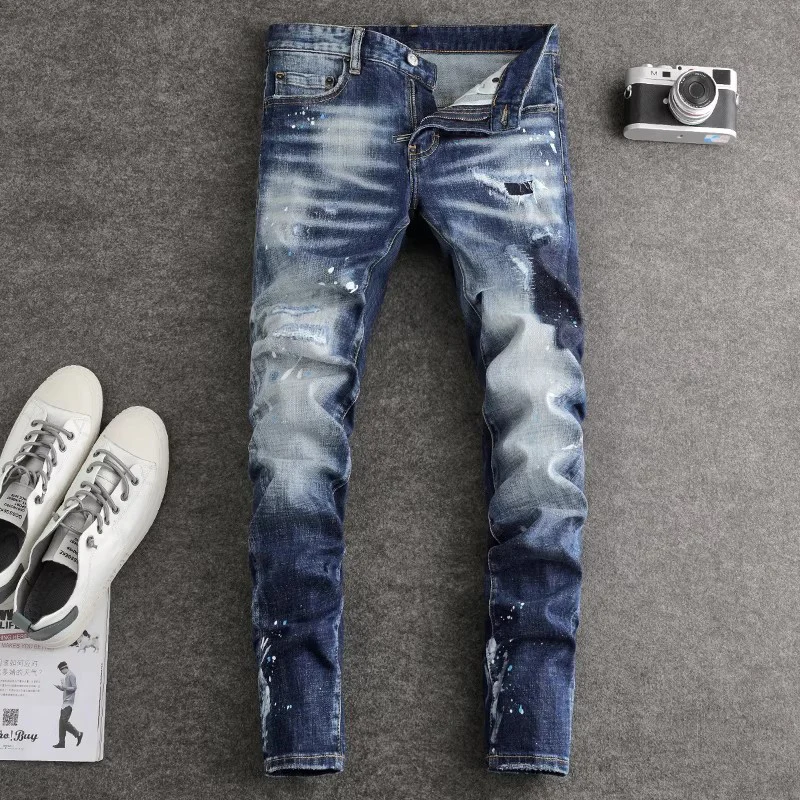 

Y2K Street Designer Fashion Men Jeans Retro Blue Stretch Slim Fit Painted Ripped Jeans Men Brand Vintage Denim Pants