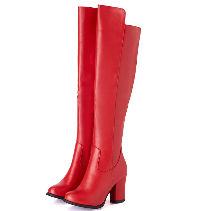 Extra Plus Size 50 51  52 Round Toe Block High Heels Wide Calf Cowboy Knee-high Women Western Boots Winter Navy Red Warm Shoes