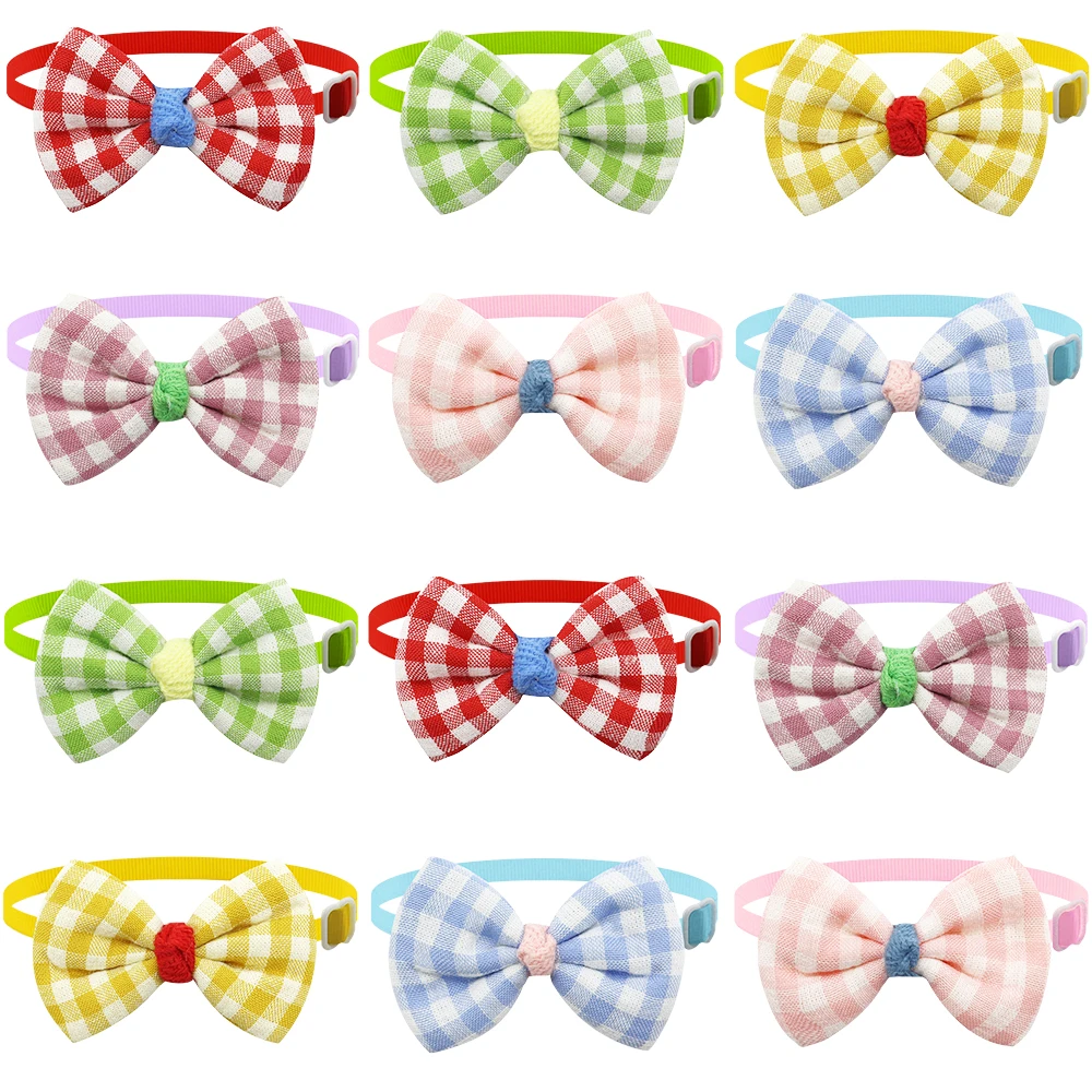 50/100Pcs Plaid Dog Accessories Adjustable Collar Cat Dog Bowties Small Medium Dog Bow Ties With Grid Pets Grooming Bows Bowknot