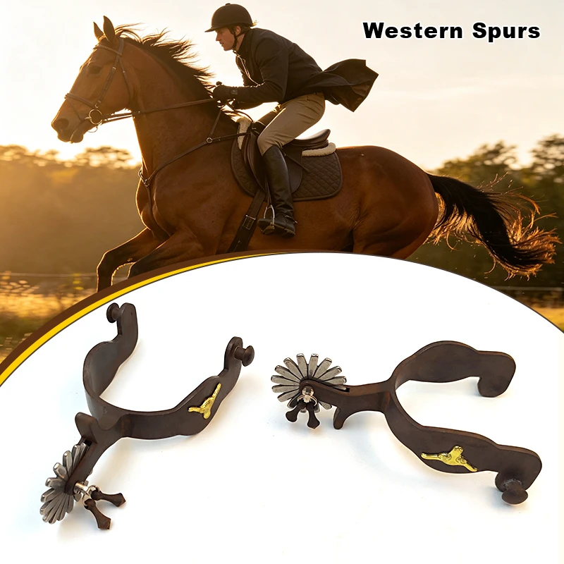 Western Style Carbon Steel Spurs Pair Set Retro Brown Rotating Wheel Horse Riding Spurs Men Women Equestrian Training Gear