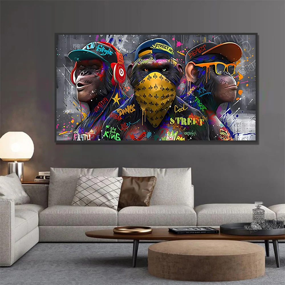 الكتابة على الجدران الجدار ملصق فني ثلاثة القرود الهيب هوب العصرية الحيوان جدارية ديكور المنزل الحديث قماش صورة طباعة غرفة المعيشة تزيين
