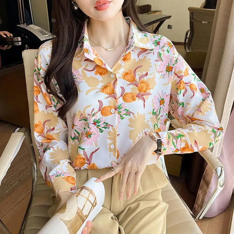 Spring Autumn New Fashion Turn-down Collar Long Sleeve Floral Blouse Women\'s Clothing Vintage Port Wind Simplicity Thin Shirts