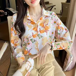 Spring Autumn New Fashion Turn-down Collar Long Sleeve Floral Blouse Women's Clothing Vintage Port Wind Simplicity Thin Shirts