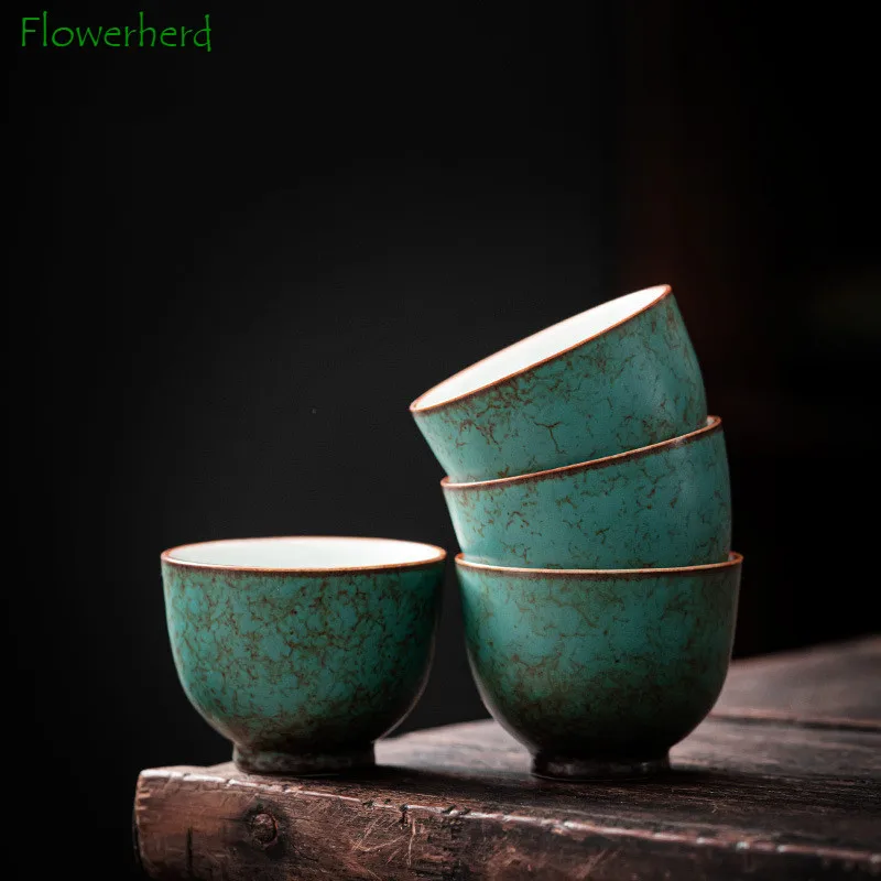 Retro Green Flower Glaze Ceramic Tea Cup Teaware Kung Fu Tea Set Small Master Cup Coarse Pottery Teacup Chinese Tea Set Cup