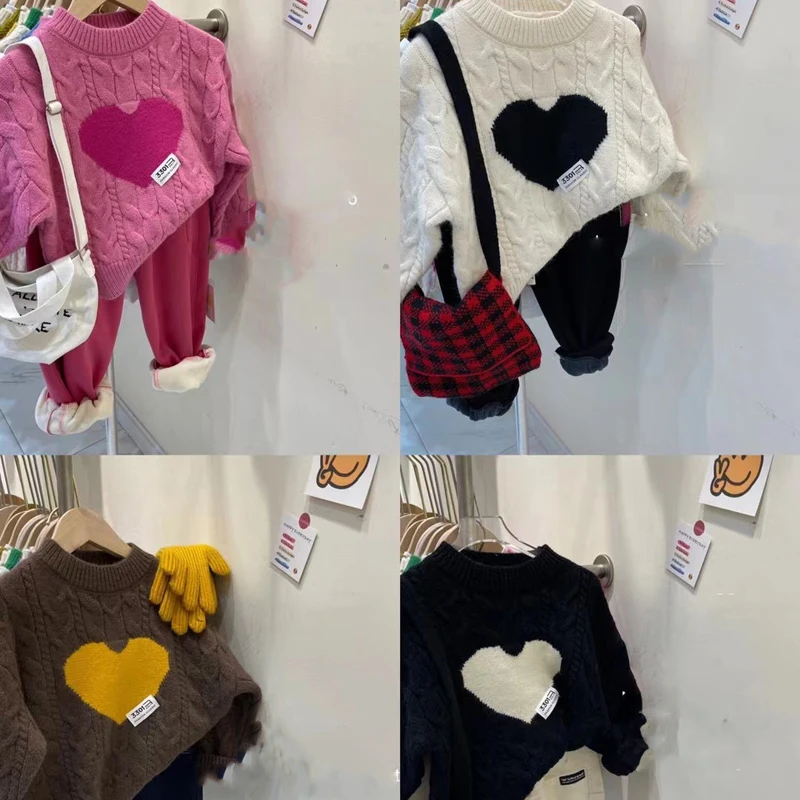 Korean Version Of Little Girl\'s Trendy And Thickened Love Knit Sweater 2023 New Girls Autumn And Winter Pullover Knitted Top