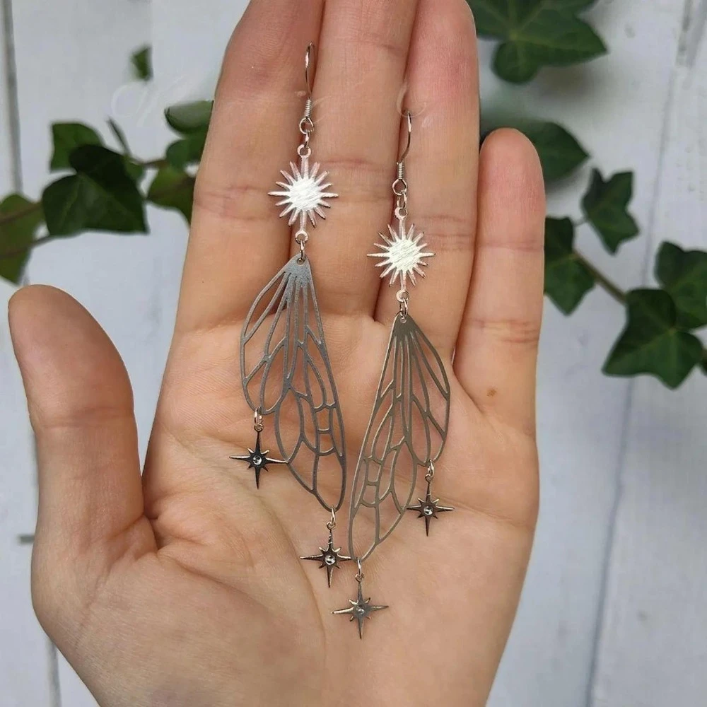 Temperament Sliver Color Stainless Steel Sun Hollowed-out Angel Wings Stars Tassel Dangle Earrings for Women Fairy Elf Jewelry