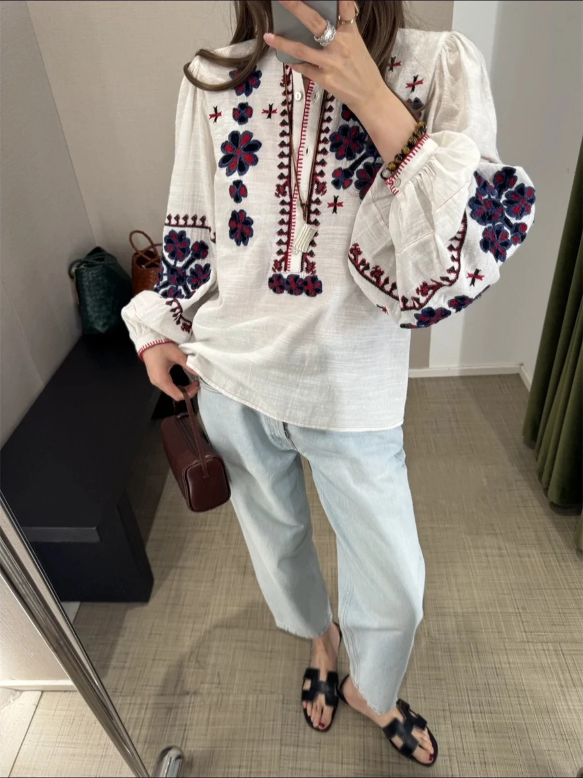 

Heavy Embroidery Long Sve Loose Cotton irt Ethnic Sle Floral Print Breathable Women's Autumn Faion Casual irt