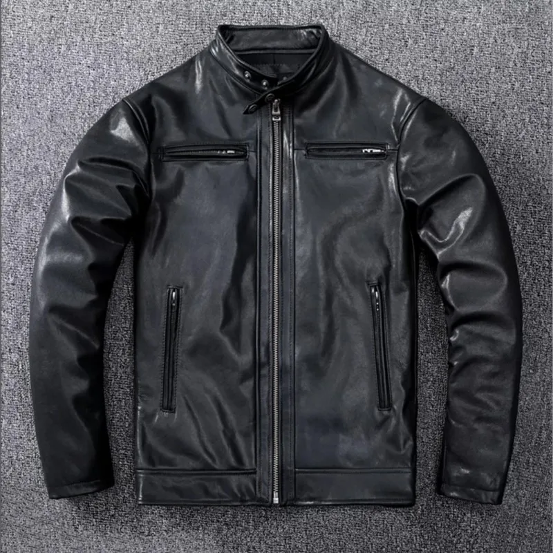 캐주얼 남성 가죽 반팔 스탠드 칼라 스타일 베지터블 태닝 오일 왁스 가공