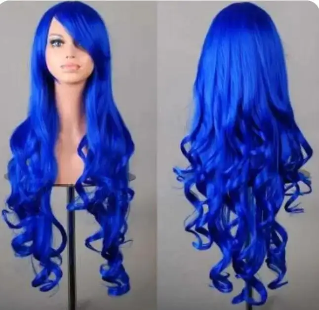 Cosplay Red Wig  Synthetic Long Curly Halloween Women Blue Hair Carnival Costume Cosplay Inclined Bangs Black Hairpiece