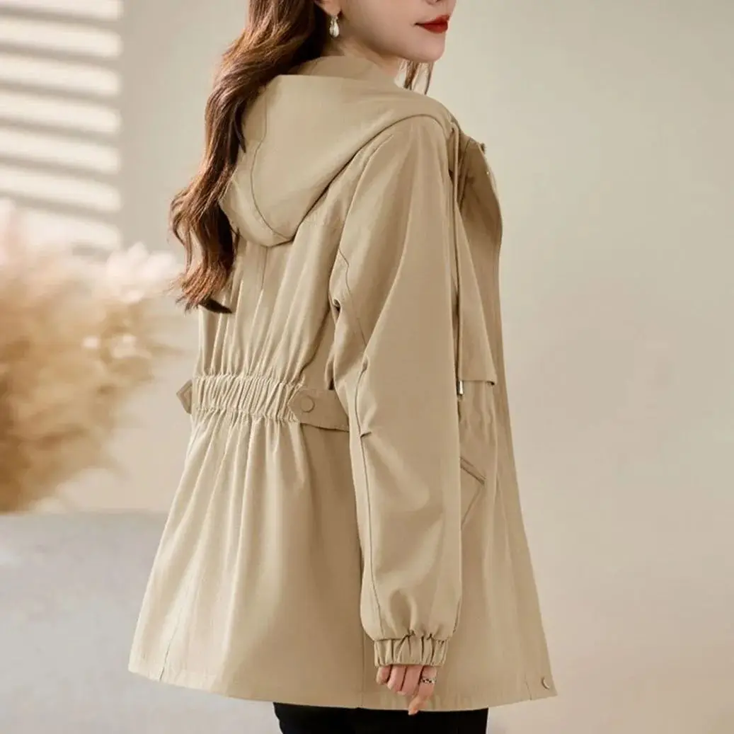 trench coat women's 2025 spring and autumn new  waist medium and long high-end  hooded tooling jacket