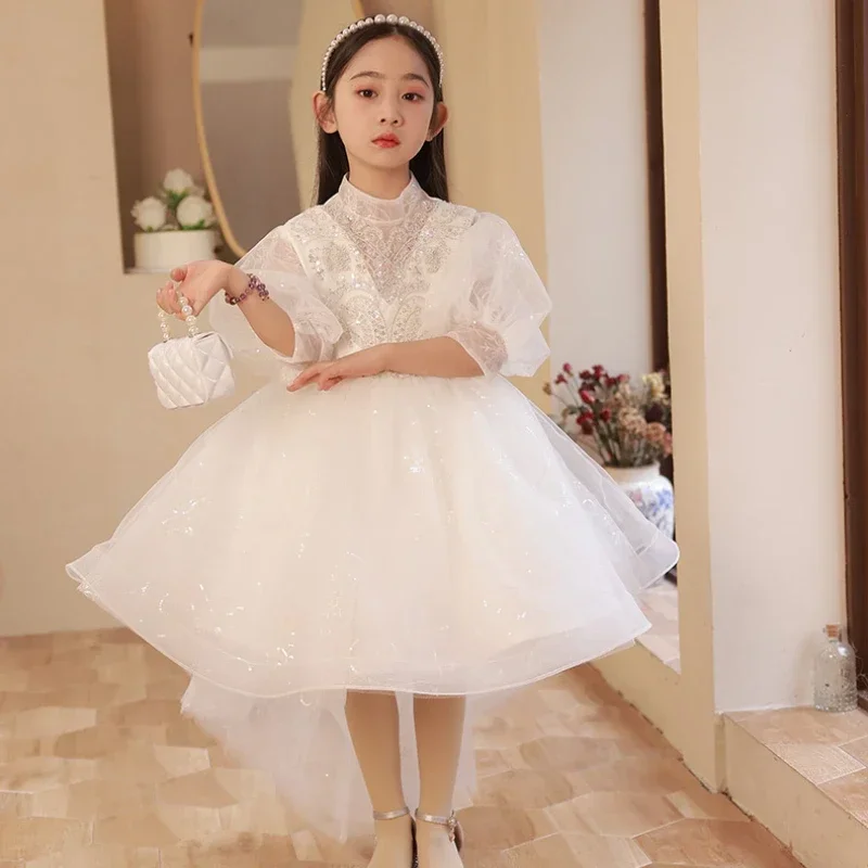 2025 Kid Dress for Girls LuxuryPerformance Elegant Kids Long Vestidos Flower Clothing Girl White Dresses With Train Children