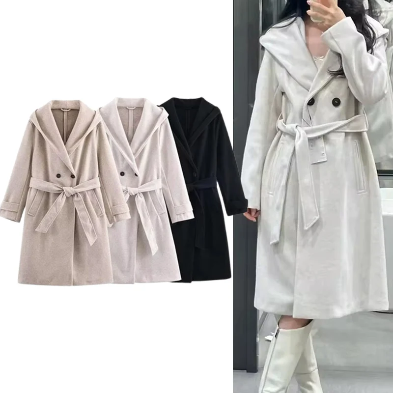 

2025 New Women Fashion Autumn And Winter Long Sleeves With Belt Coat Ladies' Elegant Thickened And Warm Hooded Coat