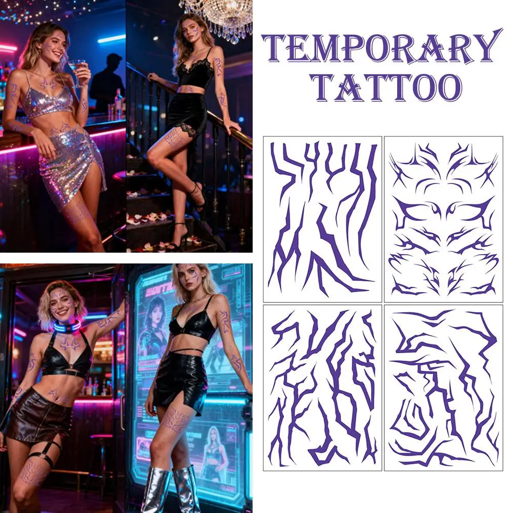 

4PCS KPop Temporary Tattoo Set Purple Colorful Patters Bithday Party Halloween Costume Party Cosplay Body Tattoos