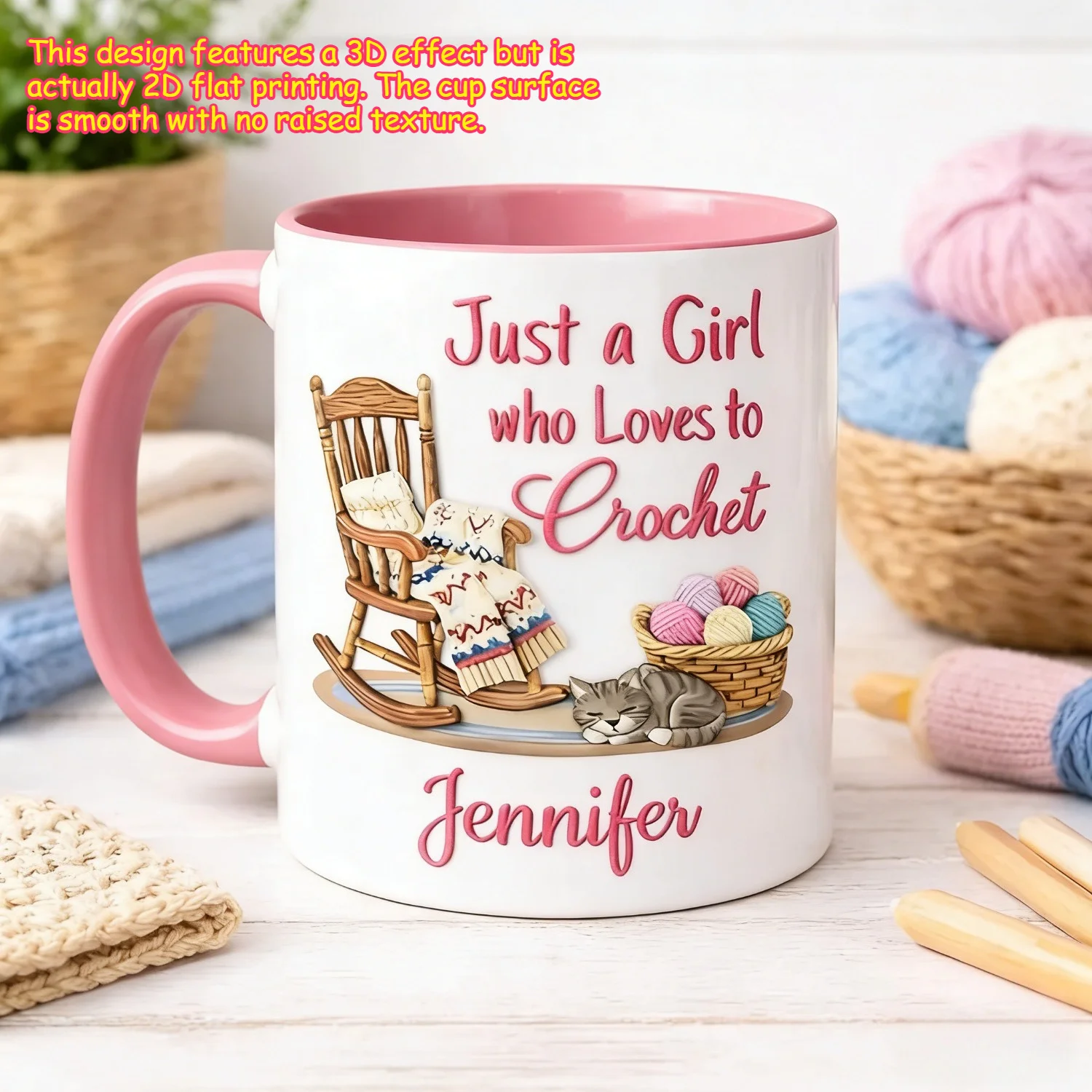 Personalized Just A Girl Who Loves To Crochet Mug Custom Name 11oz Ceramic Coffee Cup 2D Print Microwave Safe Gift