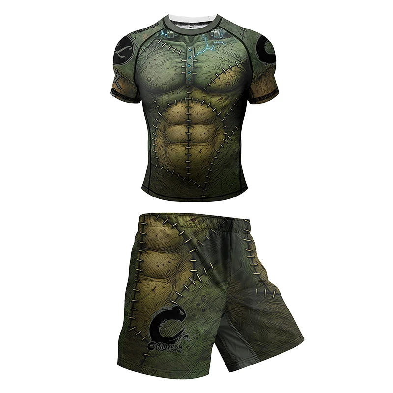 グリーンムセルコンバット MMA ファイトウェアボクシングセット圧縮男性スポーツ Tシャツ + パンツラッシュガード柔術 Bjj ラッシュガードキックボクシングセット