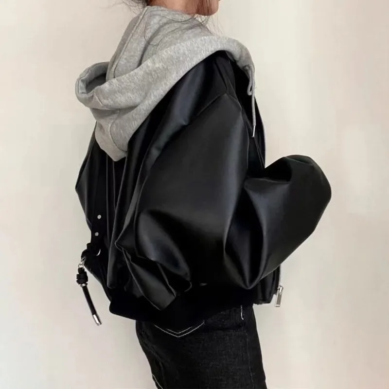 

Korean Fashion Black Hoodie Jacket Women Harajuku Leather coat Aesthetic Bomber Jacket Women streetwear
