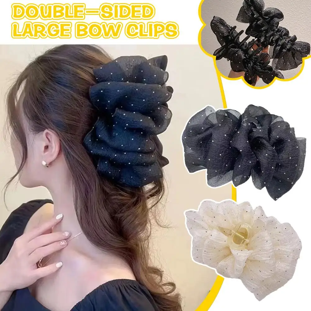 Summer Sweet Mesh Tulle Big Bow Hair Claw Clips For Women Solid Colours Elegant Bowknot Ponytail Clip New Headdress Accesso Q4C5