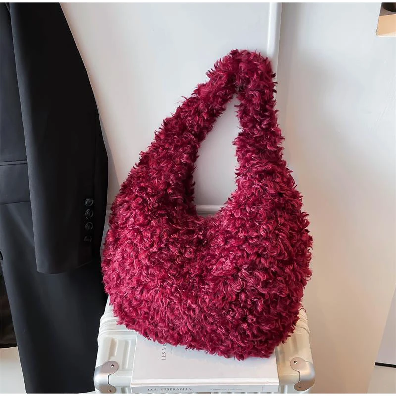 Flauschige, lockige Kunstfell-Hobo-Schultertasche, Plüsch-Halbmond-Unterarmtasche, weiche Teddy-Fuzzy-Halbmond-Handtasche, warme Winter-Handtasche für Damen – Detail 9
