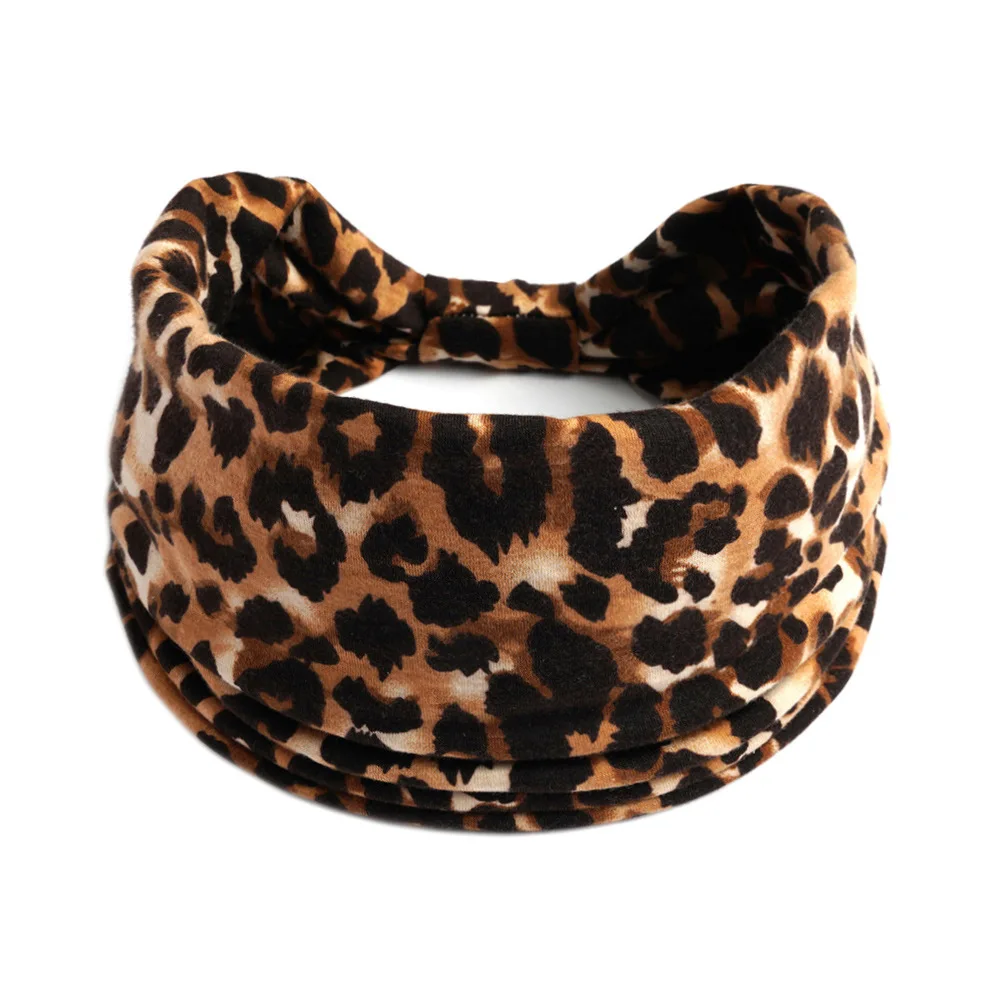 Szerokie opaski na głowę damskie wiązane turban z pałąkiem na głowę elastyczne antypoślizgowe opaski do włosów Boho okłady na głowę trening Leopard joga bawełniane szaliki do włosów — zdjęcie 7