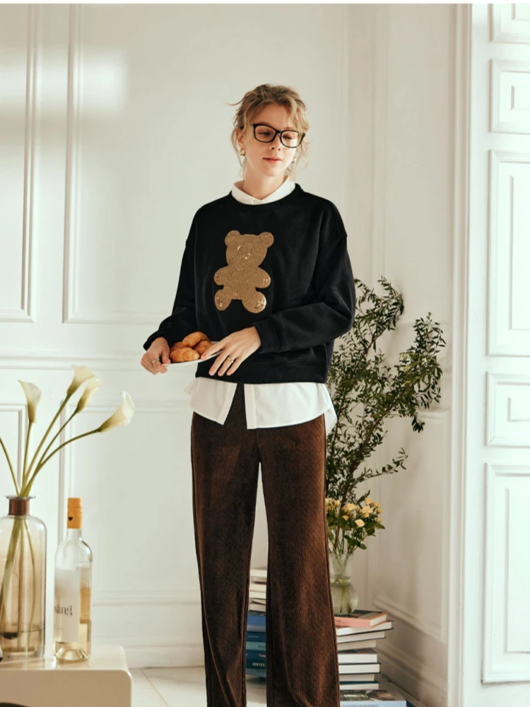 OLrain Women's Cartoon Sweatshirts 2025 Autumn New O-neck Long Sleeve Pullover Solid Sequins Female Clothing Elegant O21DR60202