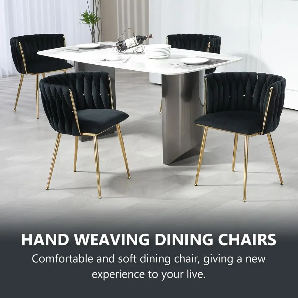 ern Hand Weaving Dining Chairs Set o 4, Velvet Upholstered Side Chairs with Gold Legs, Chic Vanity Chairs with Armrest, Accent C view 3