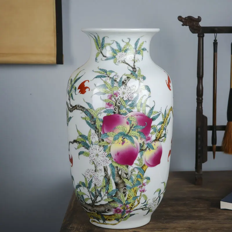 PYJ Jingdezhen Chinese ceramic vase pastel nine peach celestial ball bottle Shou peach porcelain ornament